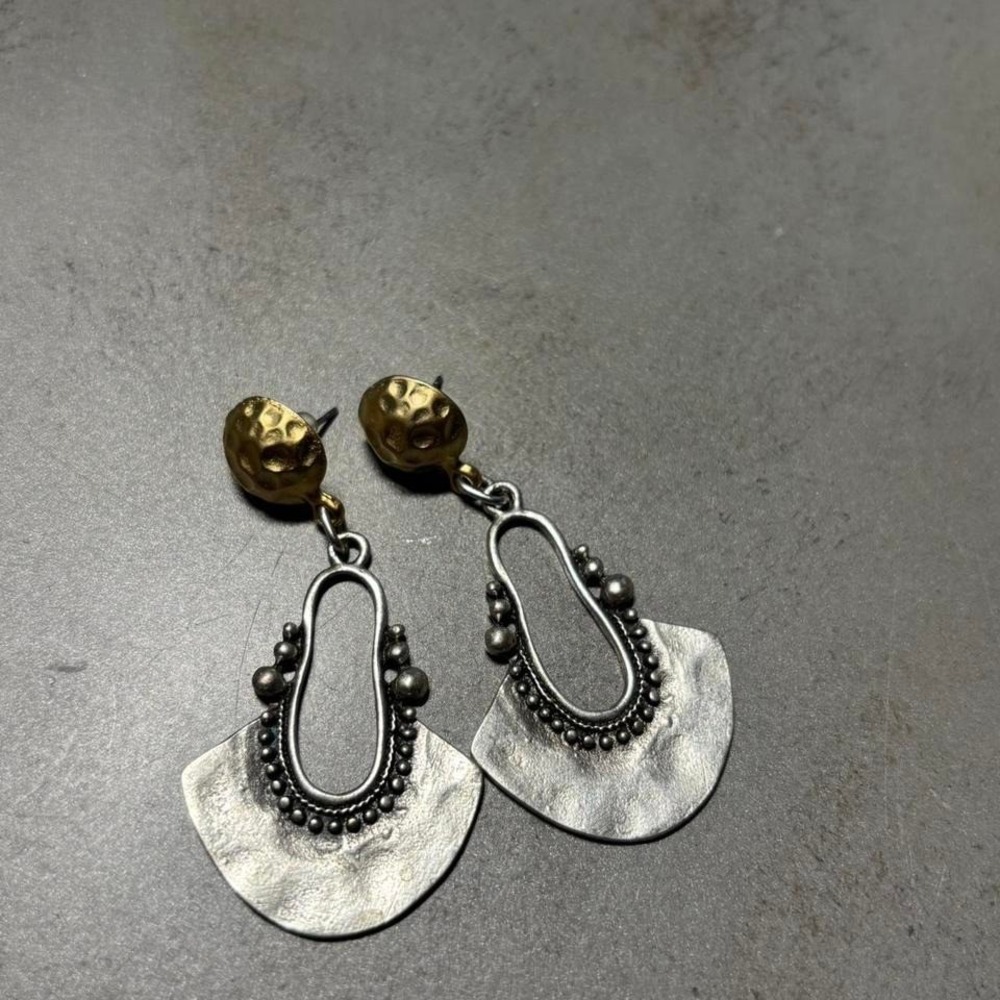 Bohemian Hammered Gold Tone Top Silver‎ Tone Fan Dangle Earrings Eccentric Retro